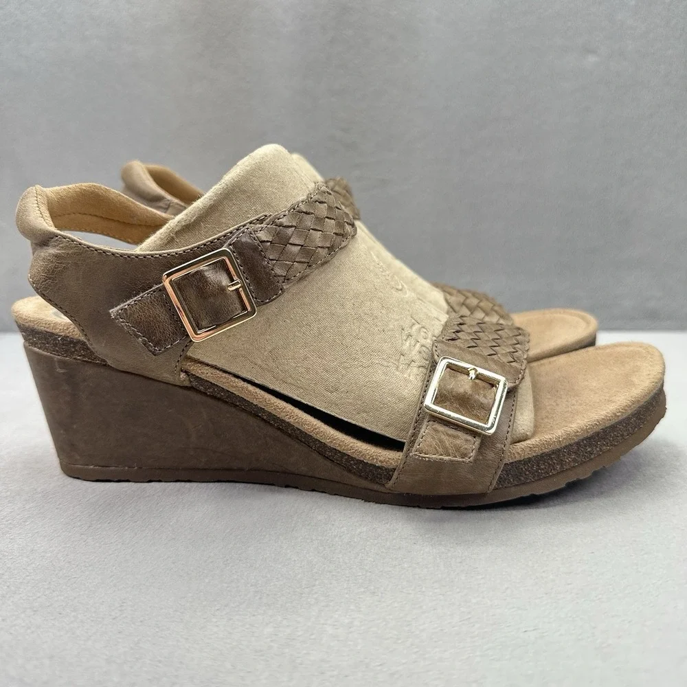 Womens 10.5-11 Aetrex Grace Adjustable Woven Wedge Taupe Leather Braided Sandals